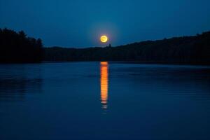 Full Moon s on Calm Lake Surface at Midnight   Background Nature photo