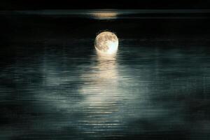 Serene Full Moon  on Calm Lake at Midnight with Shimmering Surface   Background Nature photo