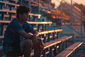 Soccer Player Sitting on Bench with Empty Stands   Reflective Mood photo