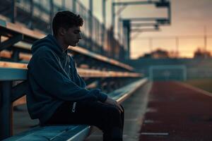 Soccer Player Sitting on Bench with Empty Stands   Reflective Mood photo