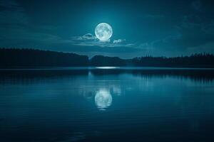 Full Moon  Shimmering on Calm Lake Surface at Midnight   Background Nature photo