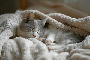 Gray and White Cat Lounging on  Blanket Eyes Closed in Cozy Comfort Resting Peacefully photo
