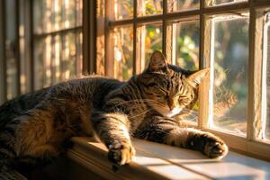 Tabby Cat Resting Comfortably in a Sunbeam on Windowsill Enjoying a Cozy and Tranquil Moment photo