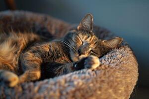 Tortoiseshell Cat Lounging in a Cozy Cat Bed Stretching and Yawning in a Relaxed State photo