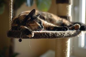 Tortoiseshell Cat Relaxing on a Comfortable Perch Batting at a Dangling Toy with Joyful Curiosity photo