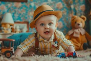 Retro Dressed Baby with Antique Toys on Playtime photo