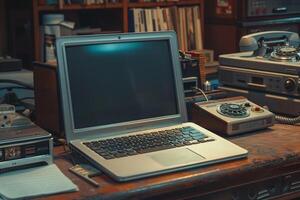 Classic Laptop Mockup Screen on Retro Desk Surrounded by  Floppy Disks photo