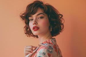 Woman in Nostalgic Retro Clothing with Peach ed Background photo