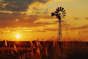 Gen Sunset Behind Rustic Wooden Windmill photo