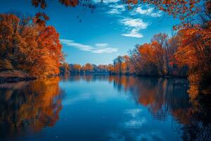 Tranquil Lake with Autumn  and Blue Sky photo