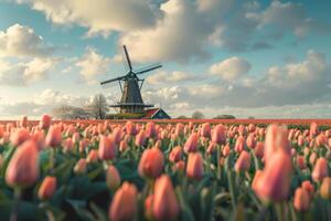 Windmill Over Tulip Fields in Dutch Countryside photo