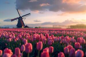 Dutch Countryside Windmill with Tulip Fields photo