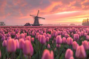 Tulip Fields with Traditional Windmill in Dutch Countryside photo
