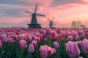 Dutch Countryside with Windmill and Tulip Fields photo