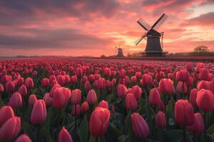 Tulip Fields with Windmill in Dutch Countryside photo