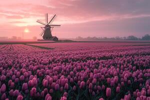 Traditional Dutch Windmill with Tulip Fields in Countryside photo