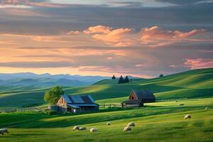 Rustic Farmstead with Rolling Hills and Grazing Sheep Under a Pastel Sky photo