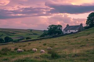 Rustic Farmstead on Rolling Hills with Grazing Sheep photo