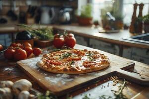 Rustic pizza on wooden table background photo
