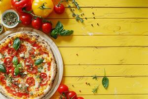 Rustic style pizza with mixed toppings on white farmhouse table mustard  background background photo