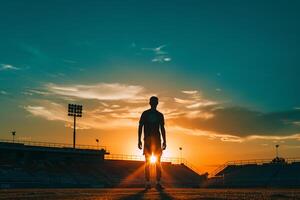 Soccer Player Silhouette Against Sunset with Empty Stands Background photo