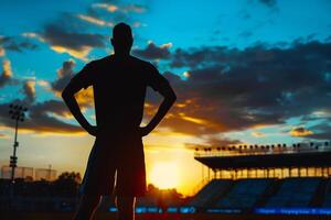 Soccer Player Silhouette Against Sunset with Empty Stands Background photo