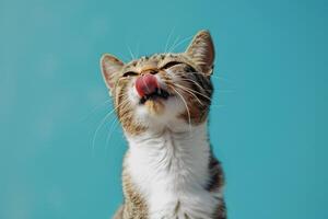 Cute Cat with Tongue Out on Sky Background photo