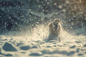 Dog Frolicking Happily in Fresh Snow with  Snowflakes Falling Around photo