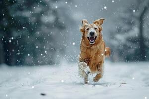 Dog Leaping Through Fresh Snow with Snowflakes Drifting Down Around photo