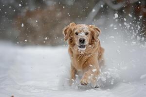 Dog Enthusiastically Running in Fresh Snow with Snowflakes Gently Floating photo