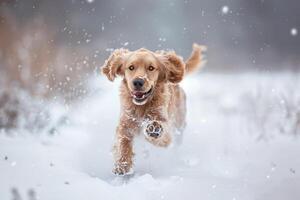 Dog Enjoying a Winter Wonderland with Snowflakes Gently Floating Around photo