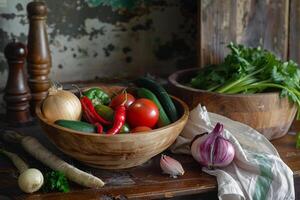 Fresh Vegetables in Wooden Bowl on Rustic Table photo