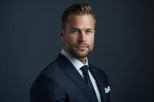 Head of a businessman in a classic navy Background projecting confidence photo