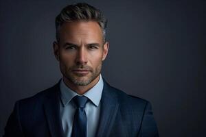 Head of a businessman in a classic navy Background projecting confidence photo