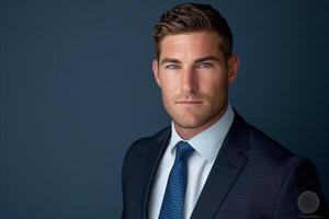 Head of a businessman in a classic navy Background projecting confidence photo