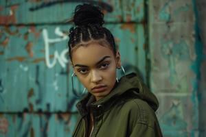 Portrait of a model in streetweargritty urban background capturing urban fashion photo