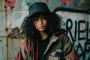 Portrait of a model in streetweargritty urban background capturing urban fashion photo