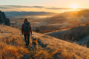 Dog and owner exploring hillside for sunrise over valley photo