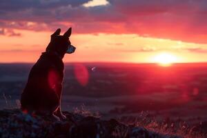 Dog silhouettedstunning sunset sky from a hilltop serene and scenic background photo