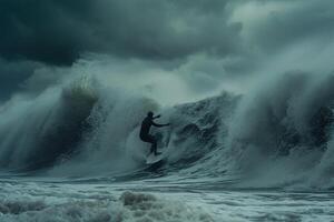 Surfers on big waves in stormy weather dynamic and exciting background photo