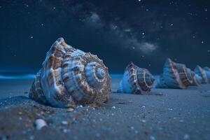 Enchanting starry sky with giant seashells on sand magical and serene background photo