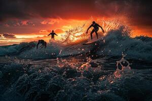 Surfers catching waves under  sunset sky thrilling and scenic background photo