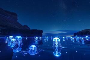 Bioluminescent lagoon with floating jellyfish under starry night sky photo