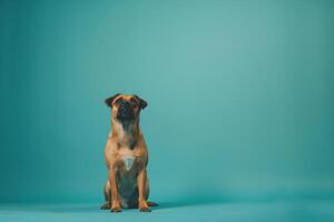 Teal background with an attentive dog photo