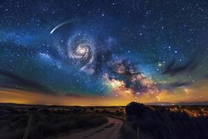 Celestial sky with swirling galaxies and a comet streaking across background photo