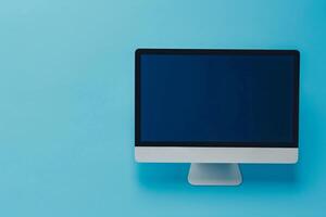 Desktop computer mockup with blank screen on smooth background photo