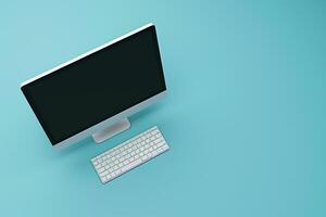 Desktop computer mockup with blank screen on classic background photo