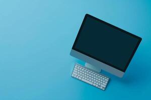 Desktop computer mockup with blank screen on tech inspired background photo