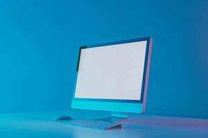 Desktop computer mockup with blank screen on professional background photo