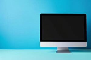 Desktop computer mockup with blank screen on dynamic background photo